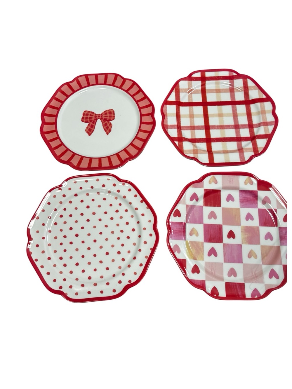 Cupcakes & Cashmere set of 4 salad plates, melamine red,pink and white 8.5”